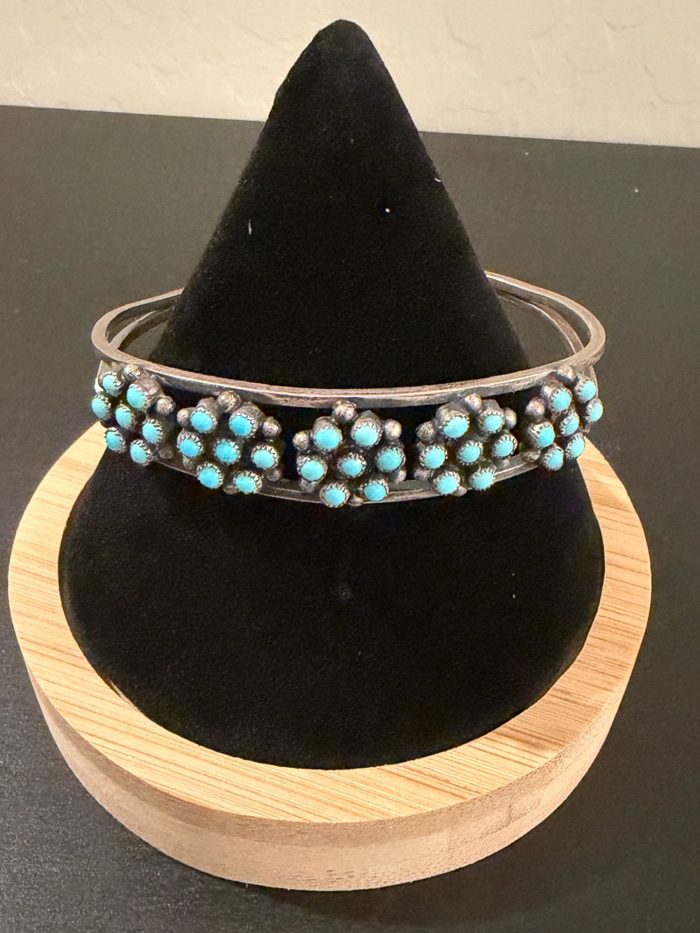 Silver Cuff Bracelet Handmade With Bisbee Turquoise in Flower Shapes